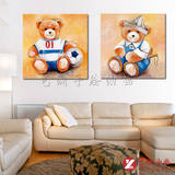 艺澜手绘油画 小男孩儿童房小熊卡通壁挂无框拼套卧室装饰画MJ374