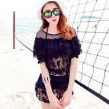 新款分体泳衣女韩国性感黑色蕾丝镂空网罩衫比基尼四件套温泉泳装