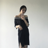 [Surblue]韩版学院风宽松百搭显瘦V领针织T恤连衣裙