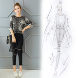 雪丹迪原创设计 韩范印花半袖中长款修身前短后长雪纺衫女上衣