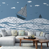 包邮手绘帆船墙纸儿童房主题房床头背景壁纸北欧卡通个性无缝壁画