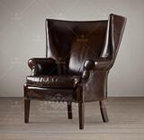 美式真皮老虎椅欧式单人沙发椅书房卧室客厅沙发新古典皮艺高背椅