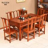 中式实木仿古雕花抽屉茶桌茶餐两用桌椅子组合榆木茶台简易茶艺桌