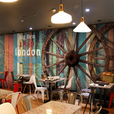 3D复古怀旧木纹车轮大型壁画奶茶咖啡服装店餐厅墙纸酒吧壁纸订制