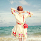 韩版夏装新款森系民族风牡丹花刺绣海边度假沙滩裙短款连衣裙女