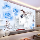 简约现代3d立体墙画电视背景墙壁画客厅无缝大型壁画布蓝色玫瑰花