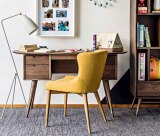 北欧实木宜家单人实木布艺餐椅简约设计师黄色菱格椅