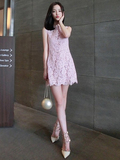 香港代购夏装气质蝴蝶结优雅裸粉色显瘦无袖蕾丝连衣裙直筒背心裙