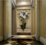 欧式蓝色花卉油画玄关背景墙3D壁画墙纸走廊过道立体壁纸竖版墙布