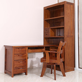 全实木连体书桌柜榆木书桌书架组合家用转角写字台中式书房家具