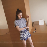 夏季新款2016韩版民族风条纹套装裙女短袖T恤+休闲短裙裤两件套