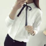 2016春秋新款学院风文艺长袖系带领衬衫女学生宽松白色衬衣打底衫
