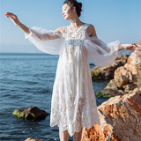 蕾丝连衣裙夏中长裙复古仙女裙白色刺绣宽松灯笼袖大码度假沙滩裙
