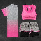 瑜伽服健身服女三件套装健身房运动短袖跑步短裤假两件运动文胸女