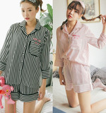 韩国睡衣套装女夏季条纹衬衫式7分短袖短裤家居服两三件套闺蜜装