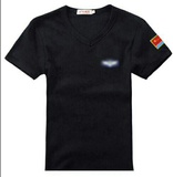 刺绣黑色白色空军旗八一两个标棉V领圆领修身短袖男女T恤部队情侣