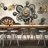 3D重金属齿轮复古怀旧壁画 工业风主题酒吧餐厅墙纸网吧网咖壁纸