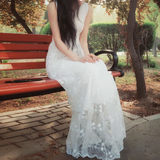 韩国长裙夏显瘦无袖裙子蕾丝蓬蓬裙高腰中长款仙女裙欧根纱连衣裙