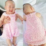 婴儿连体哈衣3个月一周半岁女宝宝满月百天礼服玫瑰花吊带裙爬服