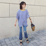 2016夏装新款韩国拼色蓝白细条纹宽松T恤女短袖中长款韩范大码潮