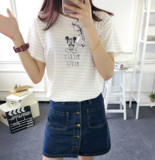 夏季短袖T恤女韩版纯棉圆领粉灰白色条纹超薄手绘米奇百搭打底衫
