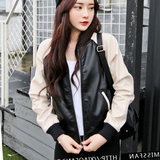 2016春季新款韩版女装拼接简约短外套机车上衣撞色通勤拉链皮衣