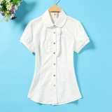 小熊维尼2016夏装新款韩版学院风花边少女中学生白色纯棉短袖衬衫