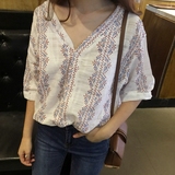 韩国棉麻衬衫女大V领中袖娃娃衫宽松印花短袖上衣民族风夏季衬衣