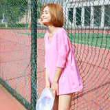 春夏季女装韩版糖果色套头大圆领七分袖纯色棉宽松中长款T恤上衣