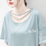 夏季新款女韩版学生镂空领口项链个性字母宽松大码休闲短袖棉t恤