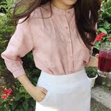 韩国东大门代购夏新款小立领甜美休闲宽松修身长袖衬衫女LZ39460