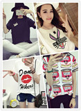 夏季韩版学生黑白色字母短袖卡通t恤女装大码宽松显瘦半袖刺绣潮