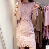 2016新款春夏装韩国修身显瘦时尚蕾丝裙子粉色镂空圆领连衣裙