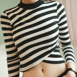 2016春韩版性感超短装露肚T恤修身条纹长袖打底衫短款上衣紧身女