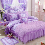 全棉韩版紫色田园风碎花床裙四件套公主蕾丝花边床罩款床上三件套