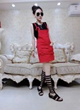 2016春装新款女韩版修身中长款吊带连衣裙包臀裙红色牛仔背带裙潮