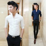夏季短袖衬衫韩版时尚修身男士五分袖衬衣潮流发型师中袖纯色上衣