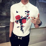 夏季韩版短袖衬衫男士薄款修身七分袖时尚发型师印花中袖衬衣潮流