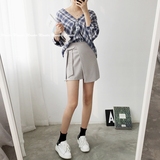 2016韩版新款原创前后V领中长款格子衬衫宽松五分袖小性感衬衣女