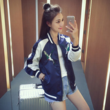 2016夏季韩版新款拼色棒球服短外套女装长袖上衣初秋刺绣立领外套