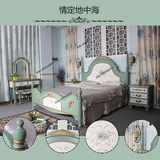 美式复古彩绘实木双人板式婚床1.8米主卧储物床地中海架子床婚床
