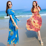 波西米亚短袖雪纺连衣裙夏海边度假修身显瘦甜美海滩裙沙滩裙长裙