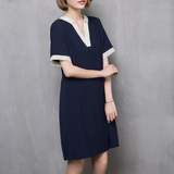 SecretBox2016夏新品女装韩版显瘦拼接撞色 宽松雪纺 连衣裙Q7866