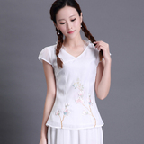 改良旗袍上衣 修身显瘦白色汉服中式民族风刺绣短袖少女日常唐装