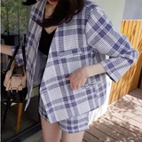 韩国代购2016春夏小香风亚麻格子小西装短裤两件套时尚休闲套装女