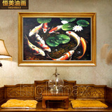 家居手绘油画动物静物DW25风水九鱼图新中式古典客厅餐厅书房有框