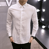 秋夏季青少年长袖衬衫男高中学生韩版修身薄款棉麻休闲衬衣寸衫