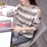 2016年新款秋季韩版针织衫女套头露肩条纹薄款打底上衣长袖女装