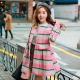 2016韩版女装冬季新款 夹棉加厚甜美圆领格纹呢子大衣A字毛呢外套