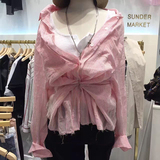 2016韩国东大门代购夏季女装新款系腰带薄款条纹长袖翻领防晒衬衫